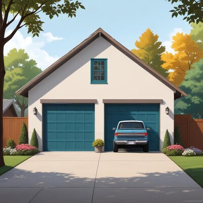 White Garage with Blue Doors and Truck