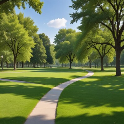 Curving path through green park trees