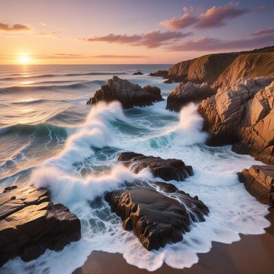 Sunset waves crashing on rocky coast