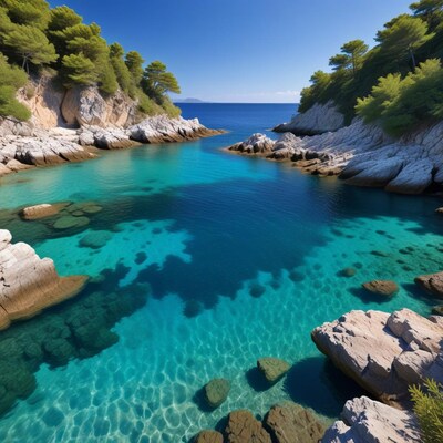 Turquoise Bay with Pine Trees and Cliffs