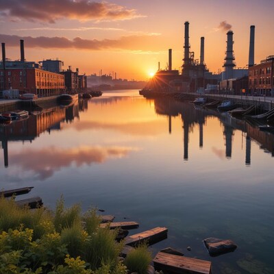 Industrial Factory Smokestacks at Sunset Reflection