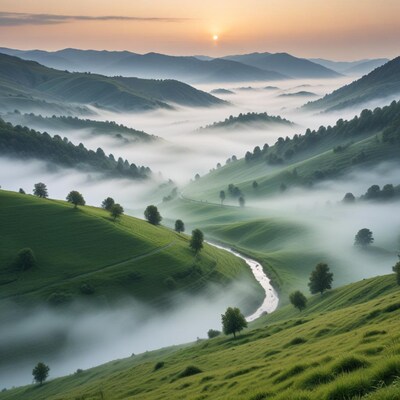 Sunrise over misty green rolling hills