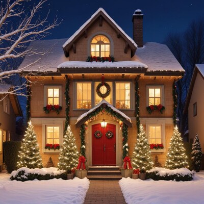 Christmas-Lighted House in Snowy Night