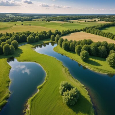 Aerial View of River and Green Fields