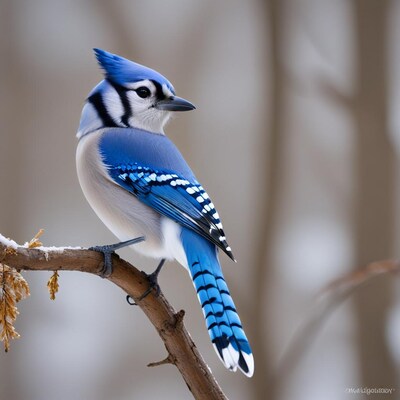 Blue Jay Perched on Snowy Branch