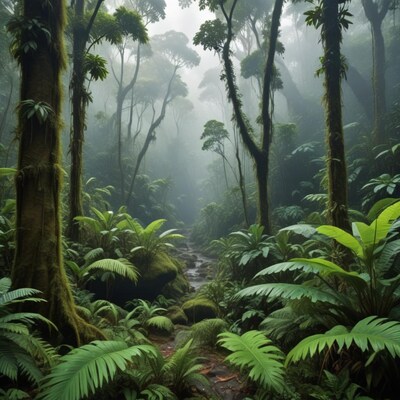 Misty Tropical Rainforest with Stream