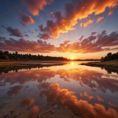 Sunset over lake with reflections