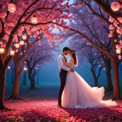 Bride and groom embracing under cherry blossoms