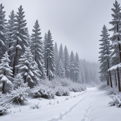 Snowy Path in Foggy Pine Forest
