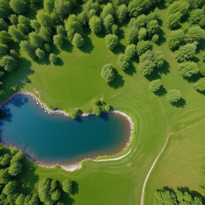 Aerial View of Curved Lake in Forest