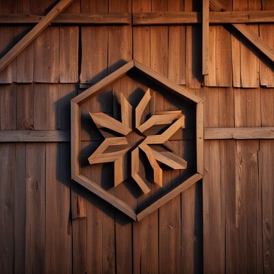 Wooden snowflake carving on barn wall
