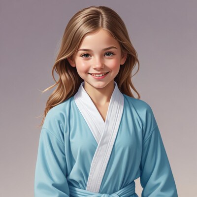 Smiling girl in blue kimono robe