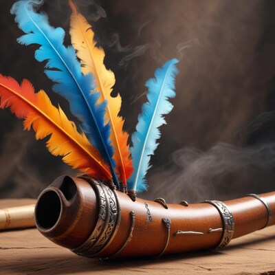 Feathered wooden ceremonial pipe smoking