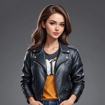 Woman in leather jacket and jeans