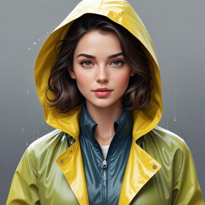 Woman in yellow raincoat hood