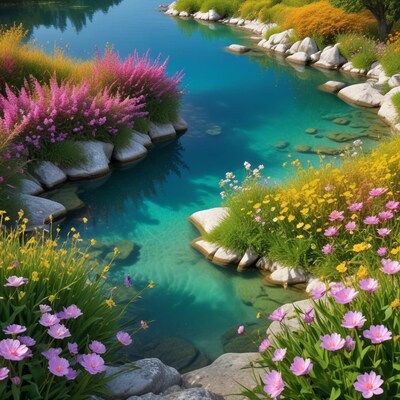 Turquoise Stream with Pink Flowers and Rocks