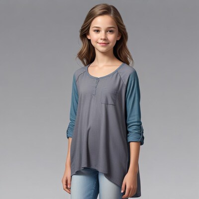 Girl in gray blue tunic smiling