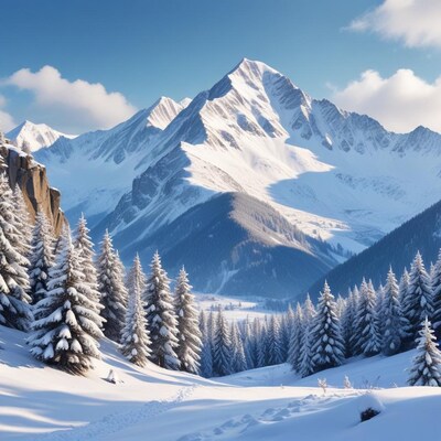 Snowy Alpine Mountains with Pine Trees