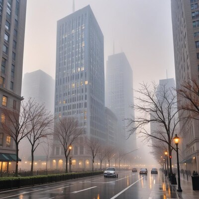 Foggy urban street with skyscrapers