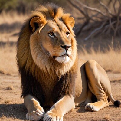 Lion lying in dry savanna grass