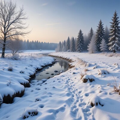 Snowy River with Footprints and Pine Trees