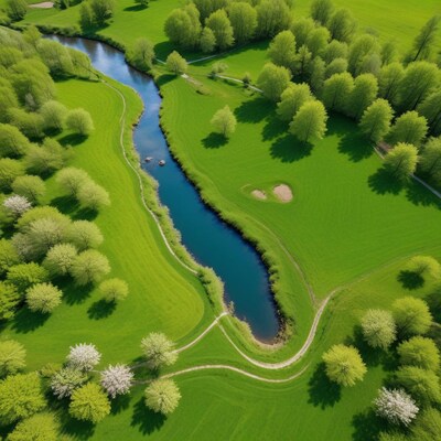 Aerial view of river in green golf course