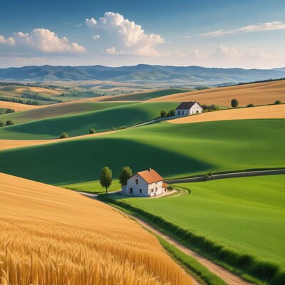 Rolling Green and Golden Fields with Houses