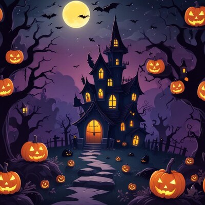 Haunted Castle with Pumpkins and Bats