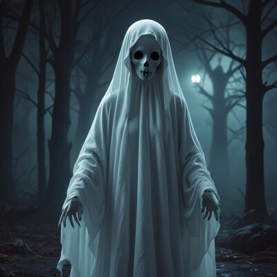 Ghost with skull mask in dark forest