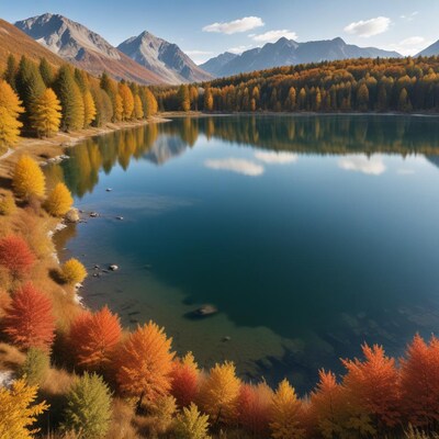Autumn Lake with Mountains and Fall Trees