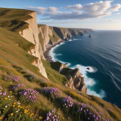 Cliff Edge with Wildflowers and Ocean