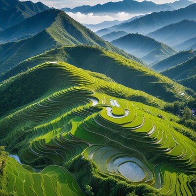 Green Rice Terraces in Mountains