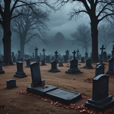 Foggy Cemetery with Gravestones and Bare Trees