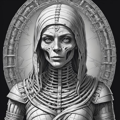 Skeleton Woman in Hood and Armor