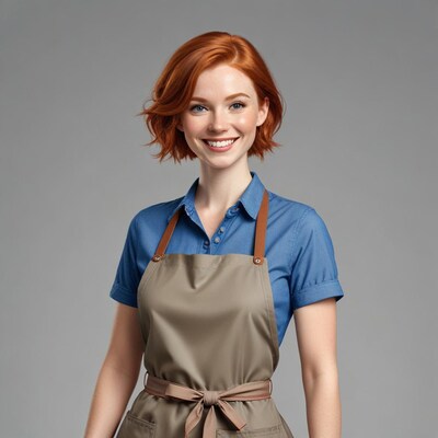 Redhead woman in blue shirt and apron