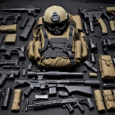 Tactical Gear with Assault Rifles and Helmet