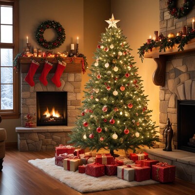 Christmas Tree by Fireplace with Gifts