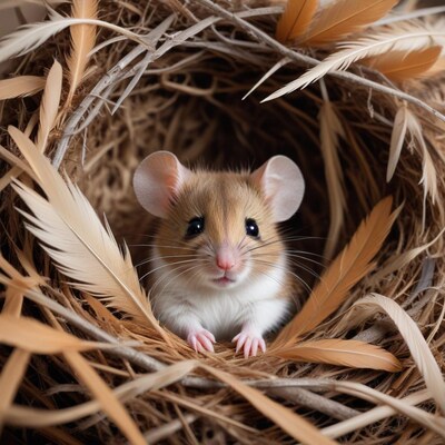 Hamster in nest with feathers