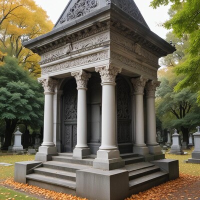 Ornate Mausoleum in Autumn Cemetery