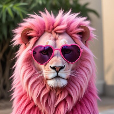 Pink lion wearing heart sunglasses