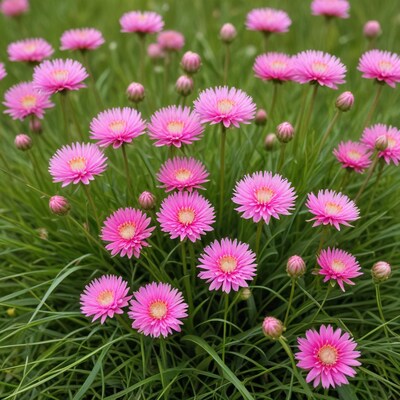 Pink Everlasting Daisies in Green Grass