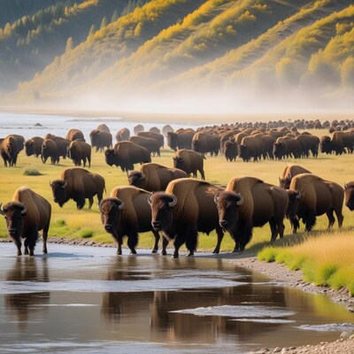 Bison herd crossing river in autumn mountains