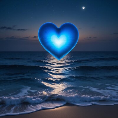 Glowing Blue Heart Over Night Beach
