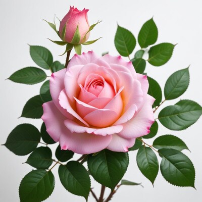 Pink Rose with Bud and Leaves