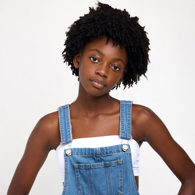 African-American girl in blue overalls