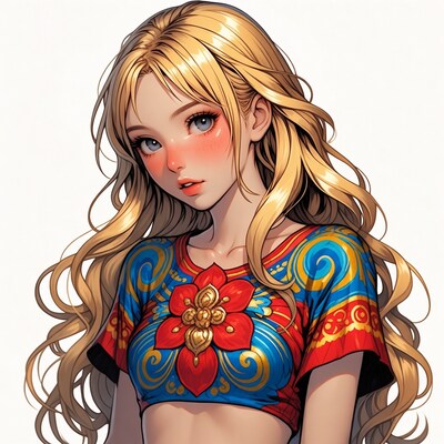 Blonde anime girl in ornate crop top