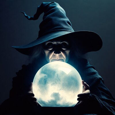 Witch gazing into glowing crystal ball