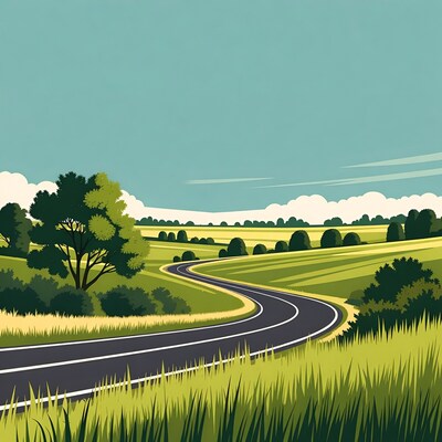 Winding Road Through Green Fields
