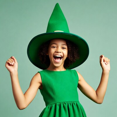 Black girl in green witch costume