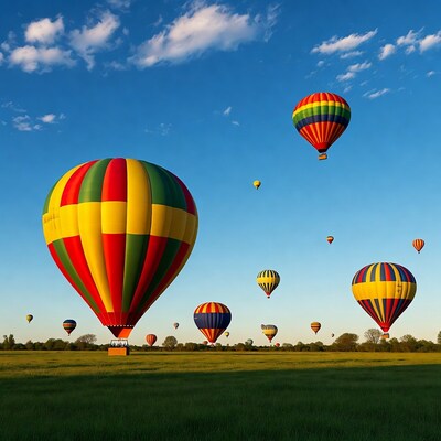 Colorful hot air balloons over green field